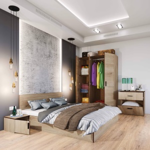 Set Mobila Dormitor Irim Treff , Pat 160x200 cm, Dulap, 2 Noptiere, Comoda, Culoare Castan, Resigilat, Grad B - Img 4