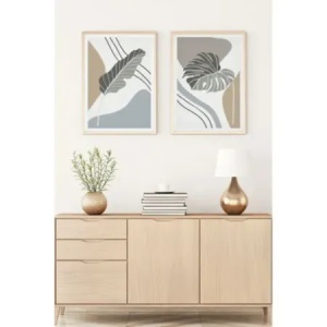 Set tablou decorativ Re-Bloom, 2 piese, lemn masiv/MDF, alb/gri/natur, 30 x 40 cm