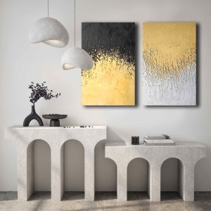 Set tablou decorativ Re-Bloom, 2 piese, panza/lemn, alb/auriu/negru, 45 x 70 cm - Img 2