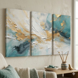 Set tablou decorativ Re-Bloom, 3 piese, panza.lemn masiv, alb/auriu/albastru, 145 x 70 cm - Img 3