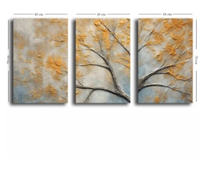Set tablou decorativ Re-Bloom, 3 piese (Triptic), lemn masiv & pânză bumbac, gri/galben-auriu, 145 × 70 cm (Verificat Grad A) - Img 2