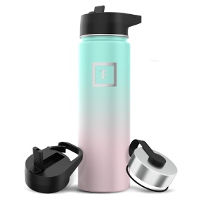 Sticla din otel inoxidabil IRON °FLASK, 3 capace, rece 24 ore / cald 12 ore, izolata, roz/albastru deschis, fara BPA, 650 ml