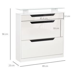 Suport pantofi modern 16 perechi, 2 sertare, raft sticla, PAL, 89x23x96cm, Alb lucios - Verificat A · Re-Bloom - Img 6