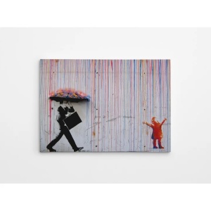 Tablou canvas model Ploaie Colorata Banksy 50x70 cm, 50% bumbac/50% poliester, imprimare digitala, rama lemn 2x3 cm, multicolor - Verificat A · Re-Bloom - Img 3