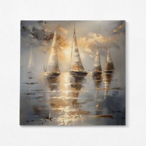 Tablou decorativ canvas model barci cu panze, 100x100 cm, panza/lemn, albastru/auriu - Verificat A · Re-Bloom