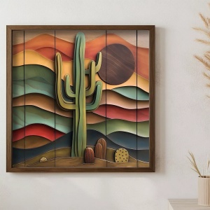Tablou decorativ Re-Bloom, model cactus, MDF/lemn masiv, multicolor, 50 x 50 x 3,5 cm - Img 2