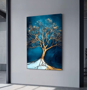 Tablou decorativ Re-Bloom, model copac, panza/lemn masiv, albastru/auriu, 60 x 90 cm - Img 3