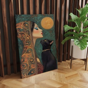 Tablou decorativ Re-Bloom, model femeie si pisica, panza/lemn, multicolor, 70 x 100 cm - Img 4