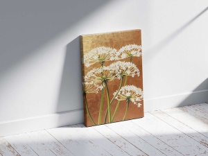 Tablou decorativ Re-Bloom, model floral, panza/lemn, auriu/alb/verde, 70 x 100 cm - Img 3