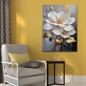 Tablou decorativ Re-Bloom, model floral, panza/lemn, gri/alb/auriu, 50 x 70 cm - Img 3