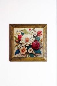 Tablou decorativ Re-Bloom, model floral, piatra/MDF, multicolor, 15,5 x 15,5 x 2,5 cm