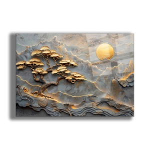 Tablou decorativ Re-Bloom, model peisaj, sticla securizata, gri/auriu, 50 x 70 cm - Img 1