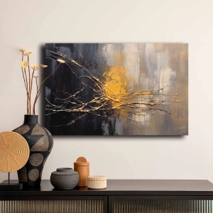 Tablou decorativ Re-Bloom, panza/lemn, gri/negru/auriu, 45 x 70 cm - Img 1