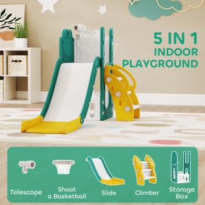 Tobogan 5 in 1 pentru copii Re-Bloom, cu scara, cos si telescop de jucarie, HDPE/polipropilena, galben/verde, 178 x 70 x 86 cm, Resigilat, Grad A - Img 2