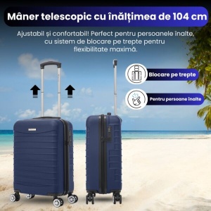 Troler cabina avion Re-bloom, Model Line, 4 roti duble cu rotatie 360°, maner telescopic, cifru, 55 x 36 x 20 cm, ABS, Bleumarin, Resigilat, Grad A - Img 3