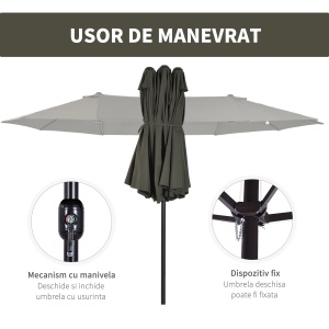 Umbrela dubla cu acoperis dublu de soare, otel/poliester, Ø2.65m/latime 4.55m/inaltime 2.38m, 12 nervuri, manivela, rezistenta UV/apa, gri - Verificat A · Re-Bloom - Img 5