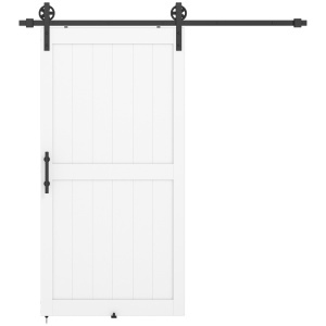 Usa glisanta stil rustic, MDF/pin/otel carbon, panou 106.6x3.5x213.4 cm, sina 213.4cm, maner inclus, 2 ghidaje podea, alb/negru - Verificat A · Re-Bloom