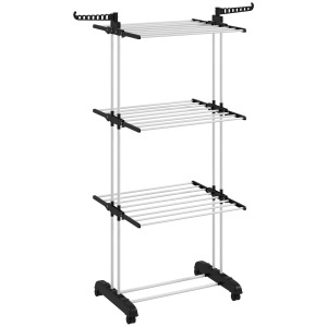 Uscator rufe pliabil 4 nivele, 2 aripi pivotante, 14 carlige, 4 roti, otel/PP, 73x64x177cm, Negru - Verificat A · Re-Bloom