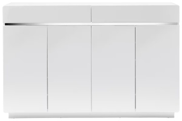 Шкаф за обувки Xora 160,3x104,5x34,5 см, 40–45 чифта, 4 крила, 2 чекмеджета, 8 фиксирани рафта 25 мм, гланциран МДФ, бял/неръждаема стомана – Проверено A · Re-Bloom - Img 4