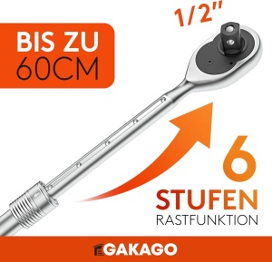 Antrenor extensibil cu clichet Gakago, 1/2", otel crom-vanadiu, 72 dinti, 615 Nm, 46-60 cm - Img 2