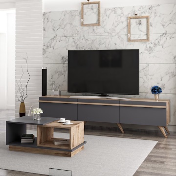 Asi Home Amsterdam set 2 piese living, comoda TV 180x35x42 cm si masuta cafea 90x45x36 cm, PAL 18mm melaminat, antracit si nuc - Verificat A · Re-Bloom - Img 3