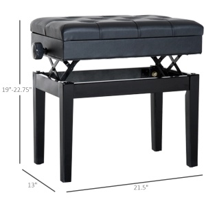 Bancuta pentru pian cu compartiment depozitare, lemn masiv/piele PU/spuma, 54.5x33x48-58 cm, inaltime reglabila, compartiment 50x29x4 cm, captuseala 3.5cm, capacitate 200kg, negru - Verificat A · Re-Bloom - Img 5