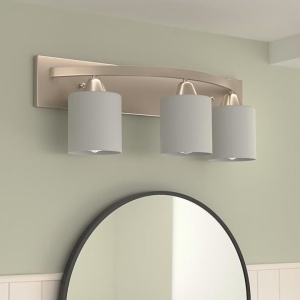 Bara de iluminat interior pentru baie cu abajur modern din sticla mata, Nichel periat, 3 lumini, E26 100W LED, becuri neincluise, Resigilat, Grad A - Img 2