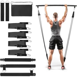 Belle Vous set Pilates bara 92cm + 4 benzi rezistenta 18-23kg + 2 curele picioare + geanta transport, otel/latex, negru - Verificat A · Re-Bloom