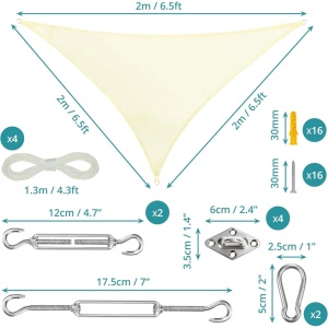 Bellevous copertina triunghiulara parasolar, poliester, 2x2x2 m, impermeabila, protectie UV, inele D + franghii incluse, crem - Verificat A · Re-Bloom - Img 2