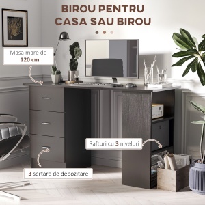 Birou PC cu 3 rafturi si 3 sertare, MDF, 120x49x72 cm, raft 36x24x22cm + sertar 28x34x12cm, capacitate 20kg, negru - Verificat A · Re-Bloom - Img 6
