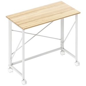 Birou pliabil cu roti si frana, MDF, blat stejar/picioare albe, 80x40x75cm - Verificat A · Re-Bloom