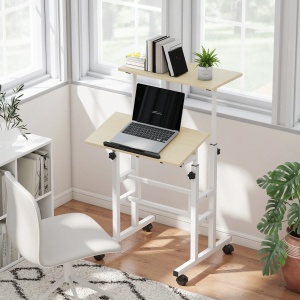 Birou reglabil pe inaltime Re-Bloom, cu blat inclinabil, MDF/metal, alb/natur, 60 x 60 x 70,5-120 cm, Resigilat, Grad A - Img 4