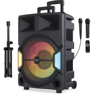 Boxa portabila 2.0 Oakcastle, Majority, 2 microfoane, tripod si telecomanda incluse, 150 W, negru, Resigilat, Grad A