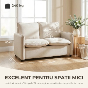 Canapea compacta 2 locuri, tesatura aspect piele poliester/spuma/metal/lemn, 131x73x80 cm, sezut 110x50x44cm perna 15cm, spatar perna 17cm, capacitate 240kg, alb crem - Verificat A · Re-Bloom - Img 2