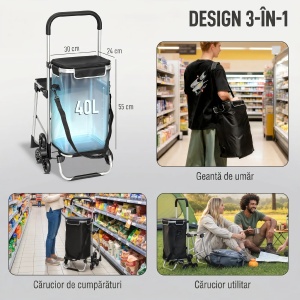 Carucior cumparaturi aluminiu cu geanta 40L impermeabila si scaun, 3 roti urcat scari, 46x59.5x97cm, Negru/Argintiu - Verificat A · Re-Bloom - Img 5