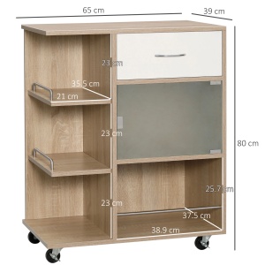 Carucior de bucatarie modern cu sertar, 3 rafturi si dulap cu usa sticla, placi aglomerate/inox/sticla, 65x39x80 cm, sertar 33.4x28.5x9cm, dulap 38.9x37.5x25.7cm, capacitate 40kg, natural/alb - Verificat A · Re-Bloom - Img 3