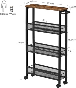 Carucior de depozitare Vasagle, 4 nivele, otel/PAL, negru/maro rustic, 13 x 42 x 77 cm, Resigilat, Grad A - Img 2