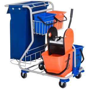 Carucior profesional pentru curatenie, cu 4 galeti, storcator si mop, metal/polipropilena/textil, portocaliu/albastru/gri, 93 x 80 x 97 cm, Resigilat, Grad A