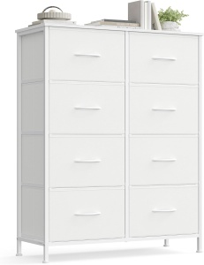 Comoda inalta cu 8 sertare Songmics, otel/MDF/textil, alb, 76,7 x 30 x 92, 5 cm, Resigilat, Grad A