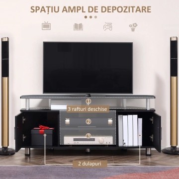 Comoda TV 120x39.5x52 cm, PAL 16mm, 2 compartimente cu usi, raft central, picioare inox, manere aliaj aluminiu, negru - Verificat A · Re-Bloom - Img 4