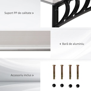 Copertina de exterior curbata, policarbonat 5mm/aluminiu/PP, 90x150x25 cm, suport perete 90x25 cm, transparent/negru - Verificat A · Re-Bloom - Img 4