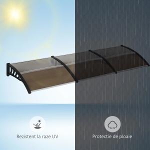 Copertina de exterior pentru usa/fereastra, policarbonat 5mm/aluminiu/PP, 303x96x27 cm, suport perete 96x27 cm, set suruburi inclus, negru - Verificat A · Re-Bloom - Img 6