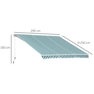 Copertina de soare cu brate reglabile si manivela, aluminiu/poliester, 295cm latime, extensie max 250cm, rola aluminiu 6cm, bara torsiune otel 35x35mm, verde/alb - Verificat A · Re-Bloom - Img 3