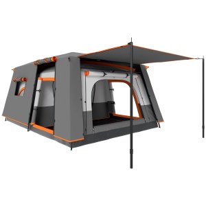 Cort de camping Re-Bloom, poliester/fibra sticla/PE, 430x305x195 cm, 2 camere + veranda, impermeabil UPF30+, 12 cuie + 8 franghii + geanta transport incluse, gri/portocaliu - Verificat A · Re-Bloom