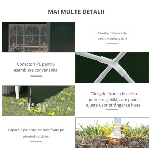 Cort de gradina 6x3m, cadru otel/tesatura PE, 5.85x2.95x2.55m, streasina 1.95m, pereti detasabili, ferestre 1.8x1.03m, 6 sfori + 12 tarusi, verde - Verificat A · Re-Bloom - Img 5
