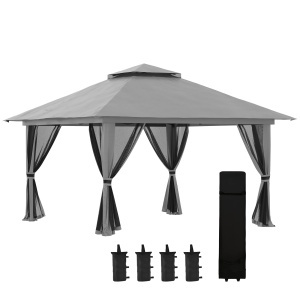 Cort foisor pliabil cu inaltime ajustabila, metal/Oxford/nailon, 392x392x283 cm, streasina 186cm, spatiere coloane 300x300cm, pliat 25x25x125cm, pereti plasa 300x200cm, 4 saci greutate inclusi, gri inchis - Verificat A · Re-Bloom