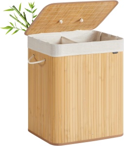 Cos pentru rufe Songmics, 2 compartimente, bambus/textil, natur, 50 x 40 x 61 cm, Resigilat, Grad A