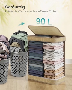 Cos pentru rufe Songmics, bambus/metal/piele PU, natur, 48 x 32 x 61 cm, 90L, Resigilat, Grad A - Img 3