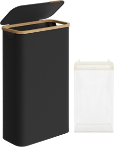 Cos pentru rufe Songmics, panza Oxford/bambus, negru/natur, 42 x 22,5 x 70,5 cm, 65L, Resigilat, Grad A