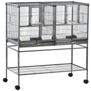 Cusca dubla pentru pasari Re-Bloom, metal/polipropilena/lemn masiv, negru/gri, 95 x 45,5 x 102 cm, Resigilat, Grad A